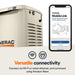 Generac home generator with smartphone displaying 'Generac Mobile Link' app on a white background