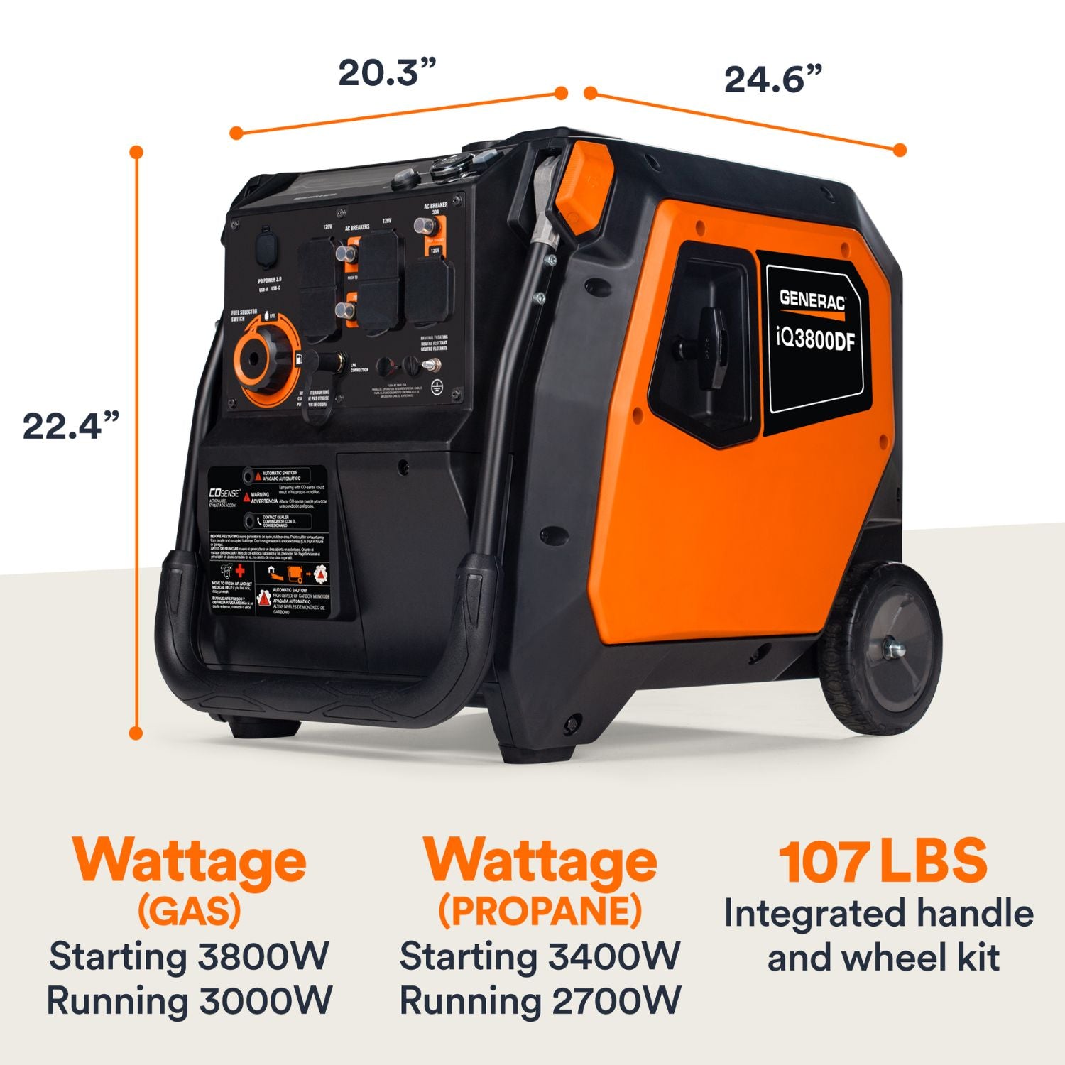 Generac iQ3800 Dual Fuel Inverter Generator dimensions