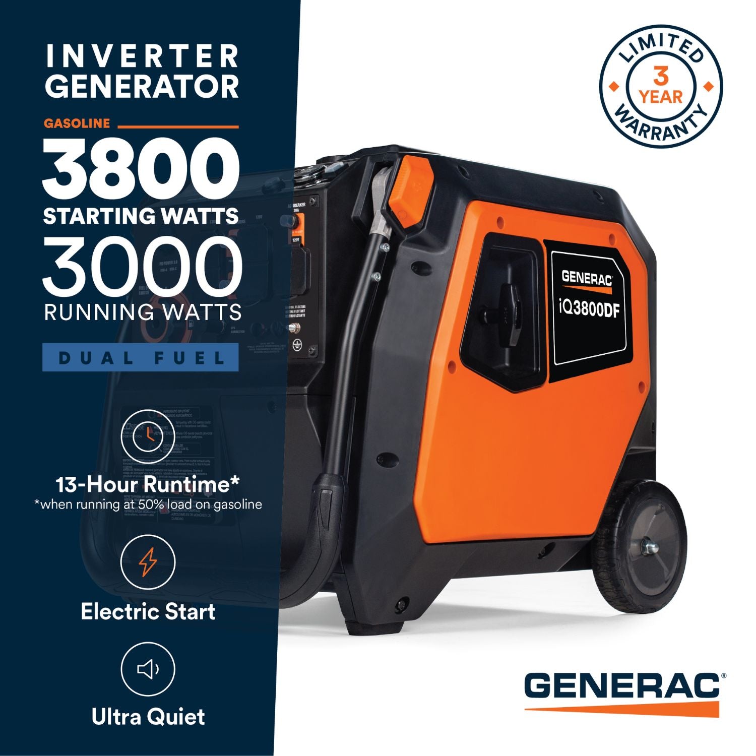 Generac iQ3800 Dual Fuel Inverter Generator with 5200 starting watts