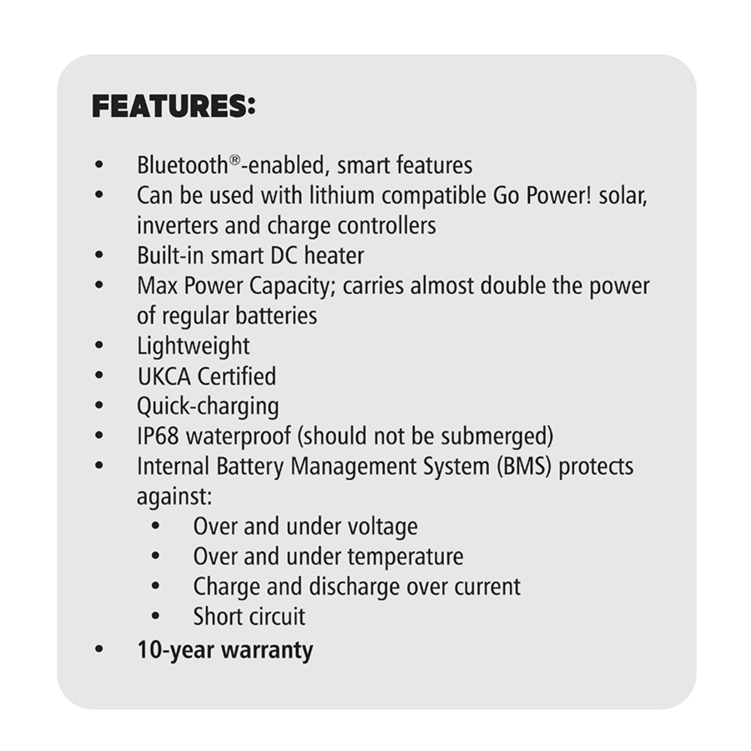 Go Power! 100Ah Advanced Lithium Battery features lists