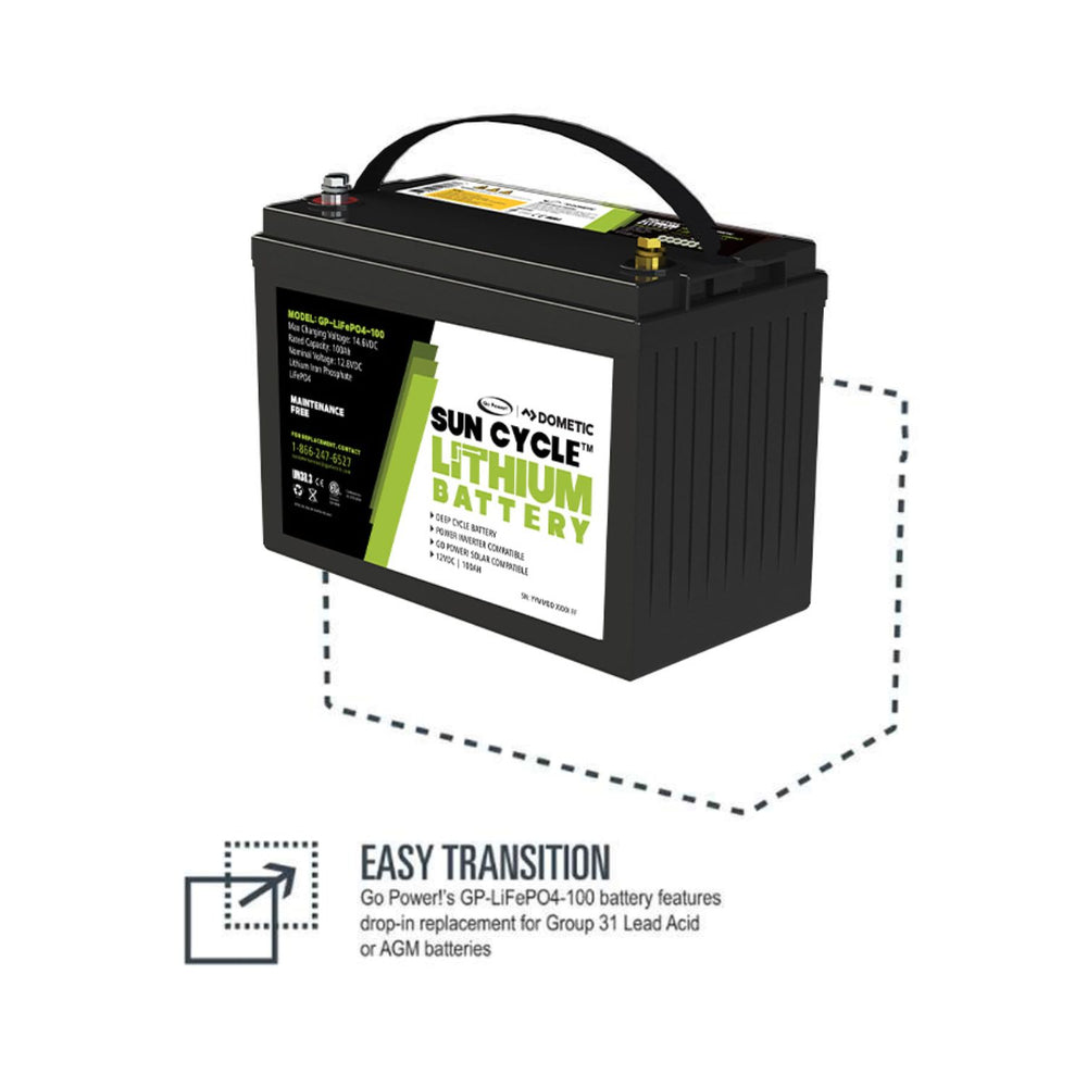 Go Power! 100Ah Lithium Iron Phosphate Solar Battery Easy transition