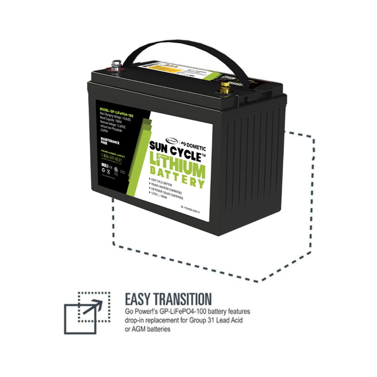Go Power! 100Ah Lithium Iron Phosphate Solar Battery Easy transition