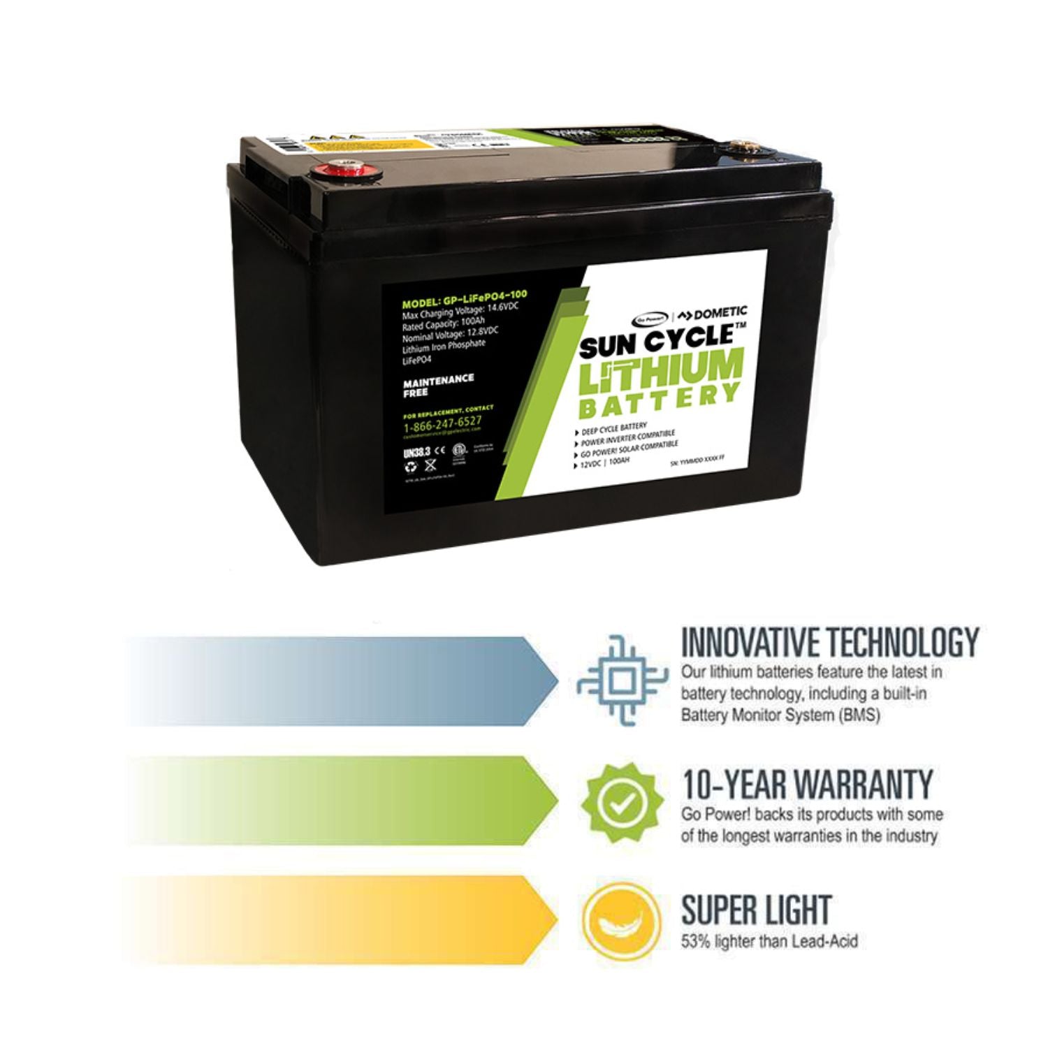 Go Power! 100Ah Lithium Iron Phosphate Solar Battery Features