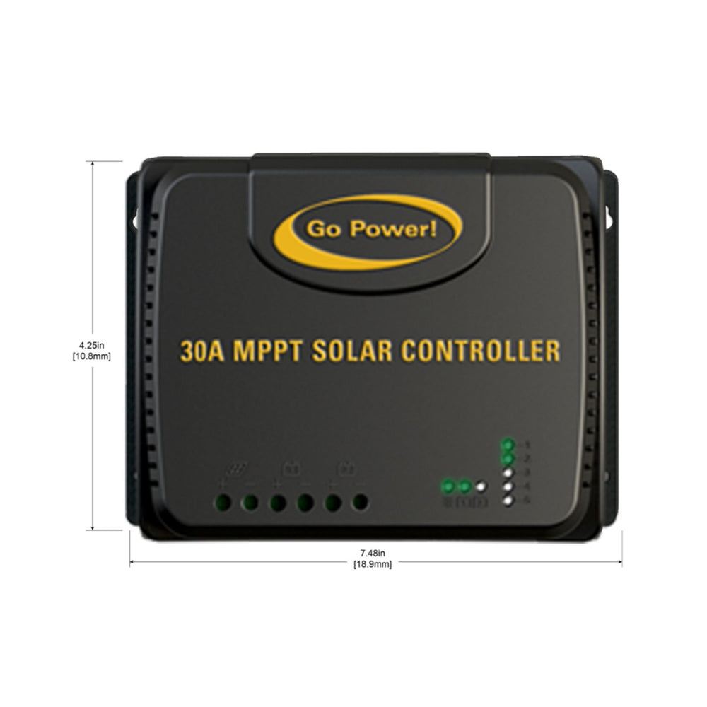 Go Power! 30A MPPT Solar Controller with dimensions on a white background