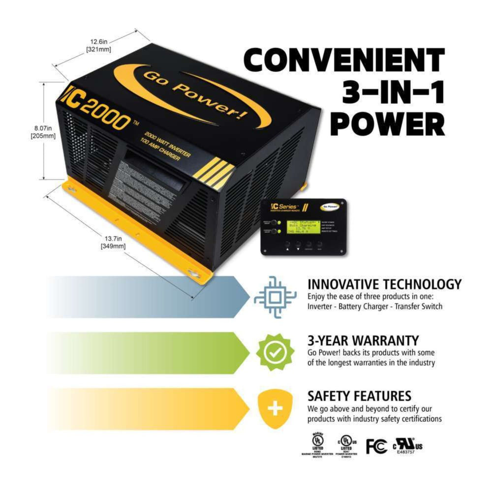 Go Power IC2000 power converter with dimensions and features listed on a white background