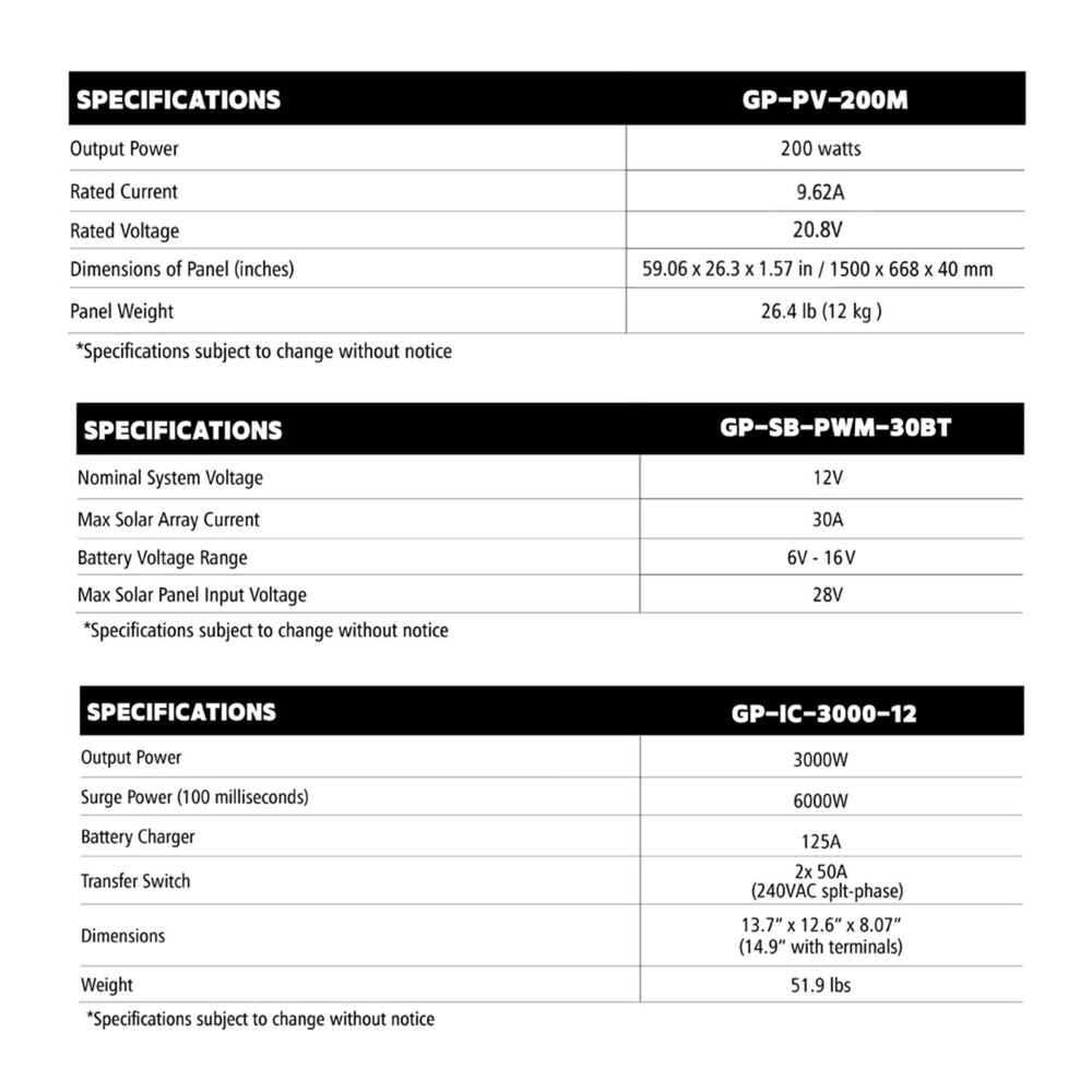 Go Power! Solar Extreme Charging System  Specifications table for solar panel and battery products with black text on a white background.