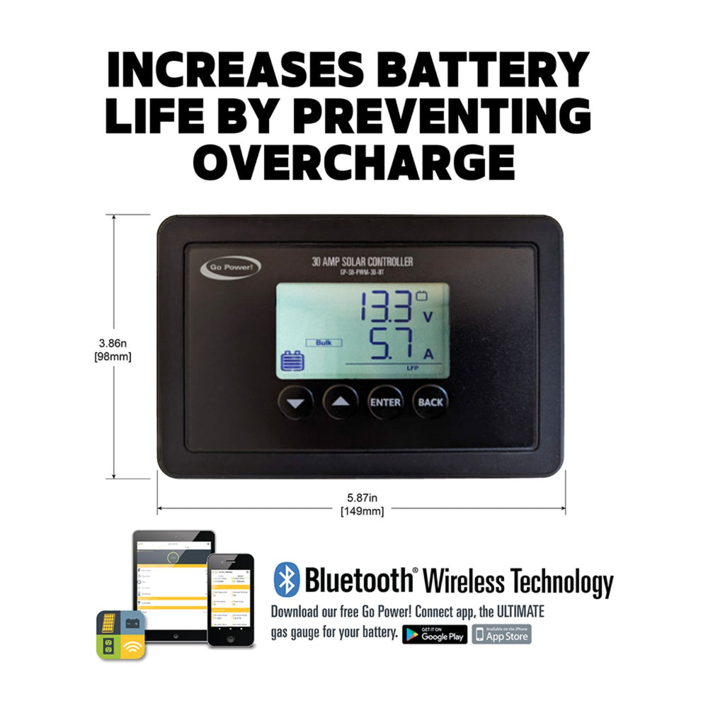 Go Power! Solar Extreme Charging System with digital display and Bluetooth wireless technology features on a white background