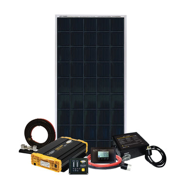 Go Power! Weekender ISW Solar Charging System with battery charger, cable, and other related equipment on a white background