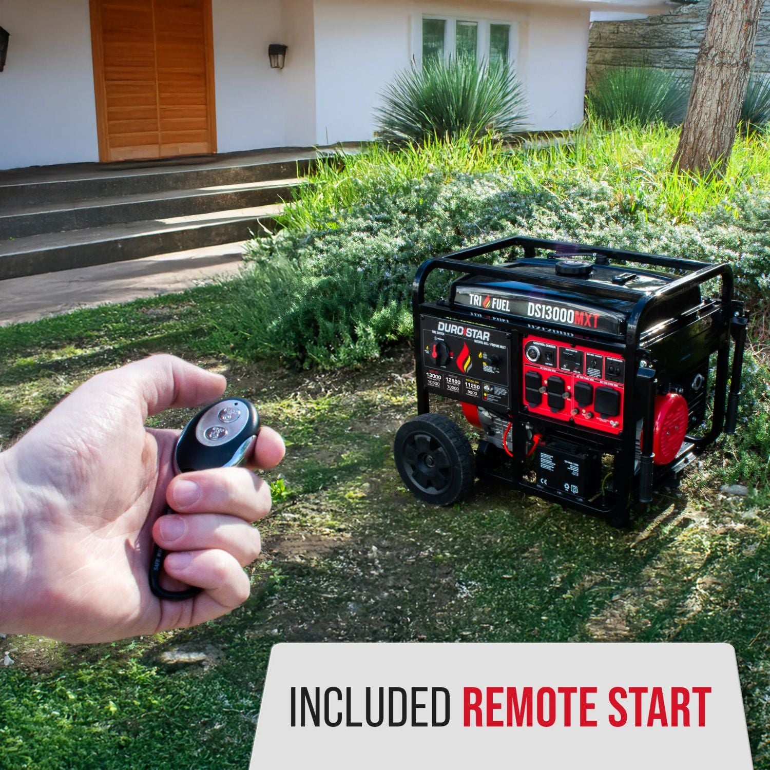 Hand holding a remote control with a DuroStar DS13000MXT Tri-Fuel Generator in the background