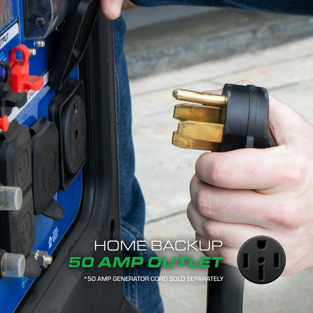 Hand plugging a DuroMax XP11000iHT Portable Inverter Generator into a home backup system with text 'Home Backup 50 Amp Outlet'.