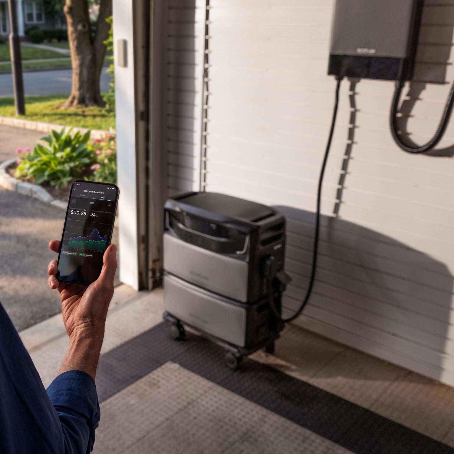 Homeowner checking a phone app beside an EcoFlow TITAN battery stack in an open garage