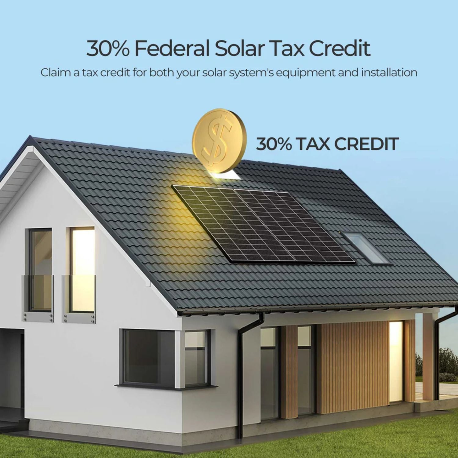 House with Renogy 320W N-Type Monocrystalline Solar Panel on roof and 30% federal solar tax credit text