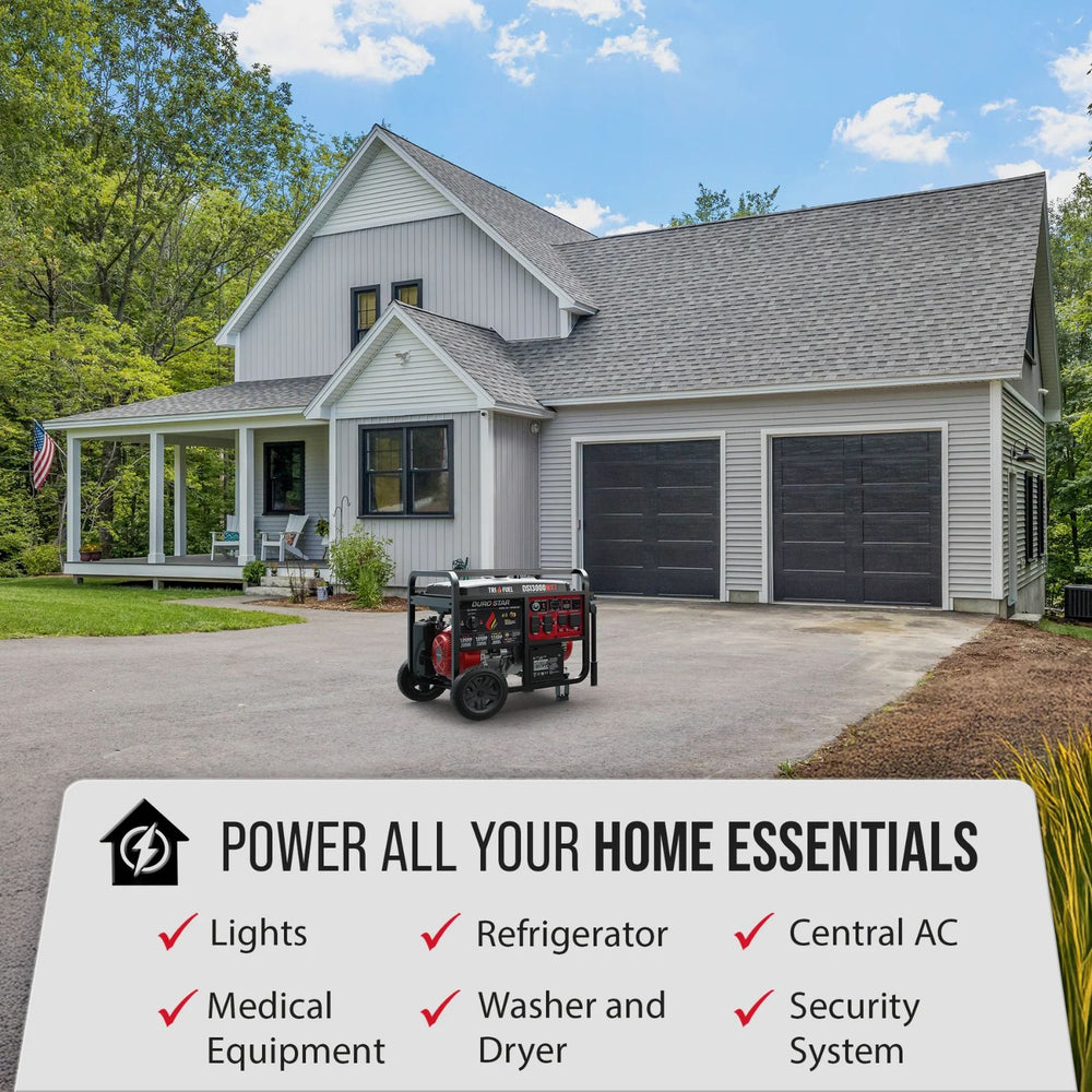 House with a DuroStar DS13000MXT Tri-Fuel Generator in front, promoting power solutions for home essentials.