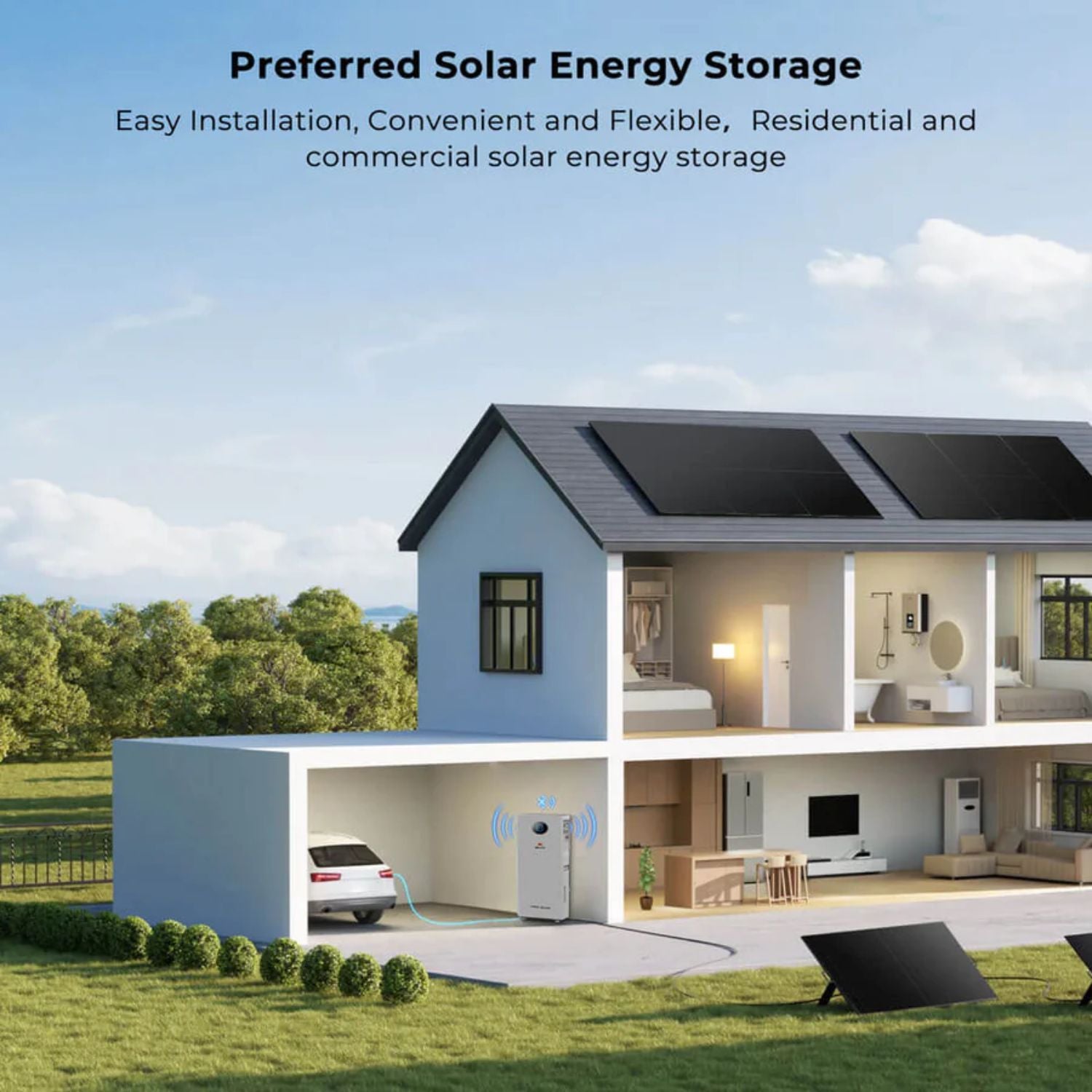 House with solar panels on the roof and a car charging station, promoting solar energy storage using SunGold PowerMax Energy Storage Battery