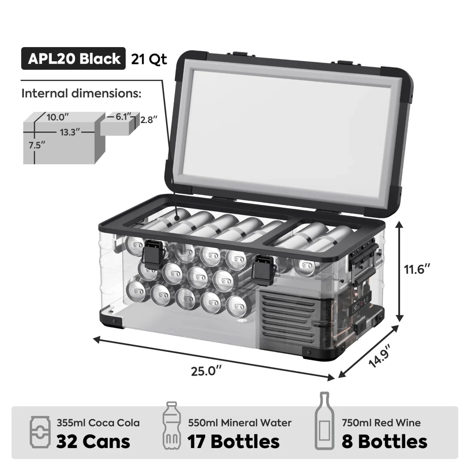 ICECO APL20 Light Duty Aluminum Black Freezer Single Zone 20 LT Internal Dimensions