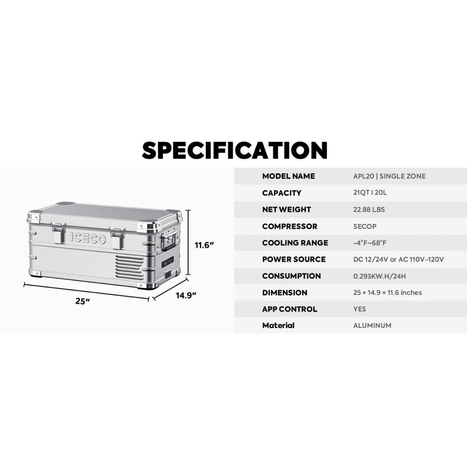 ICECO APL20 Light Duty Aluminum Silver Freezer Single Zone 20 LT specifications
