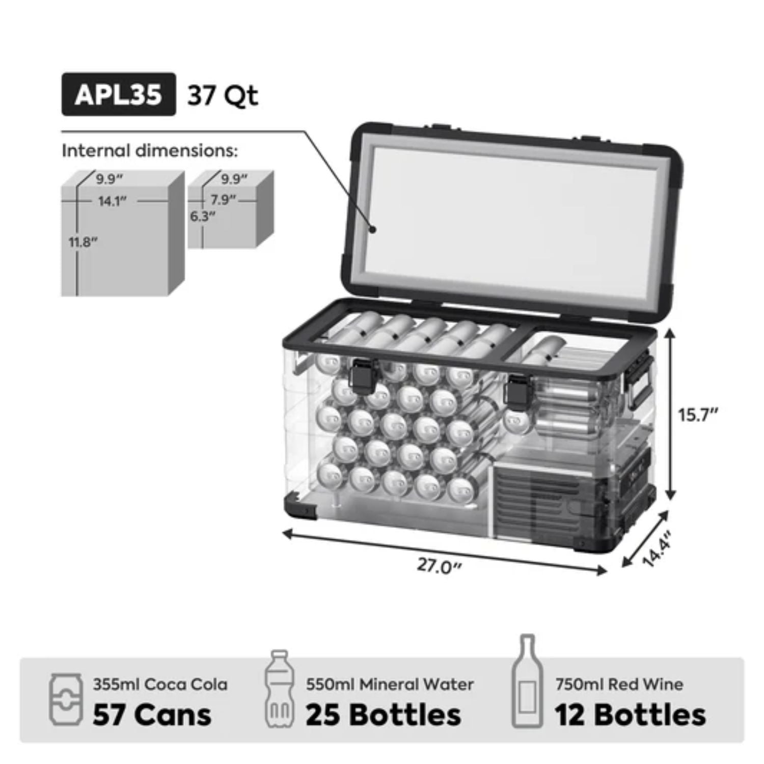 ICECO APL35 portable freezer displaying its bottle storage capacity inside the compartment