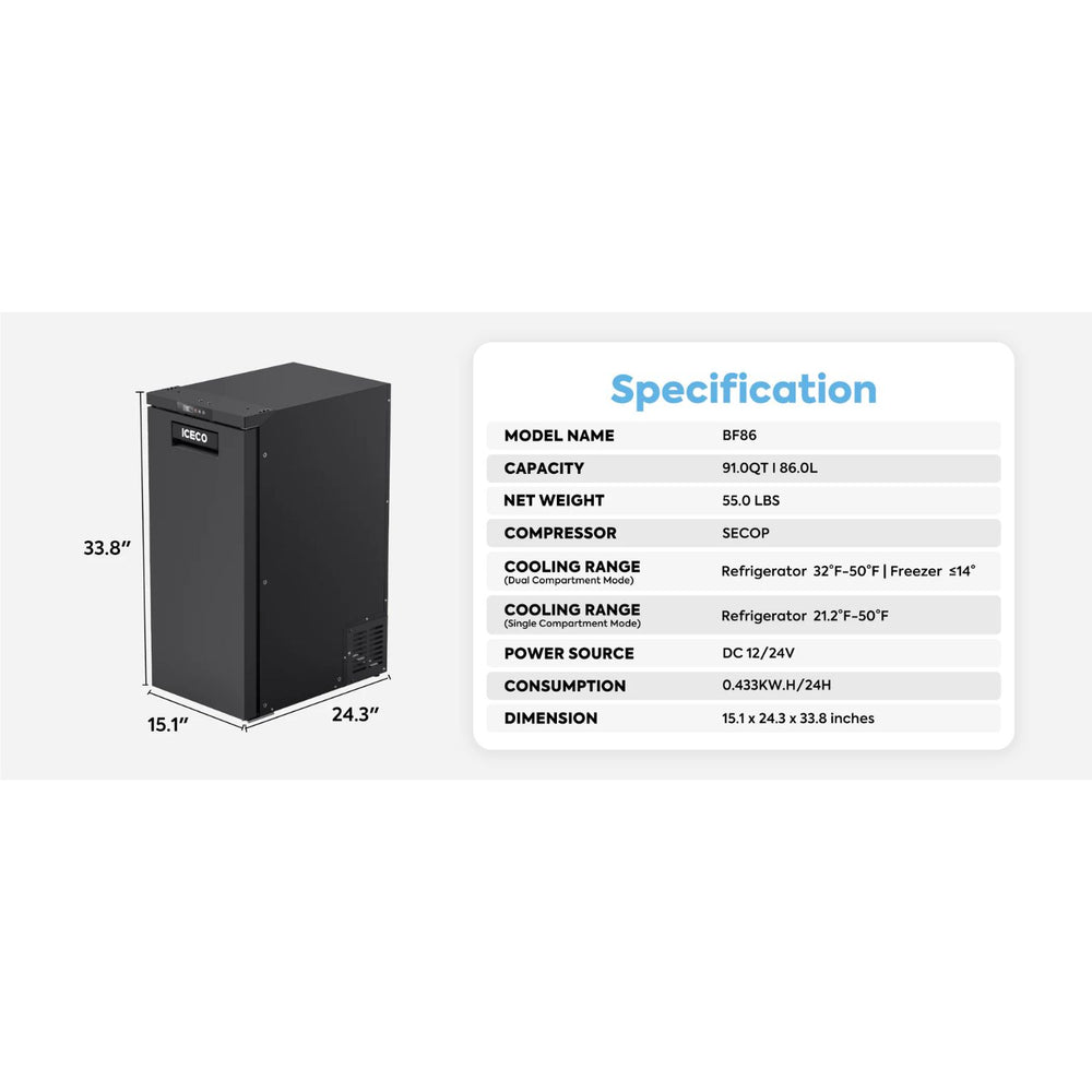 ICECO BF86 RV/Truck Refrigerator/Freezer 86L specifications 