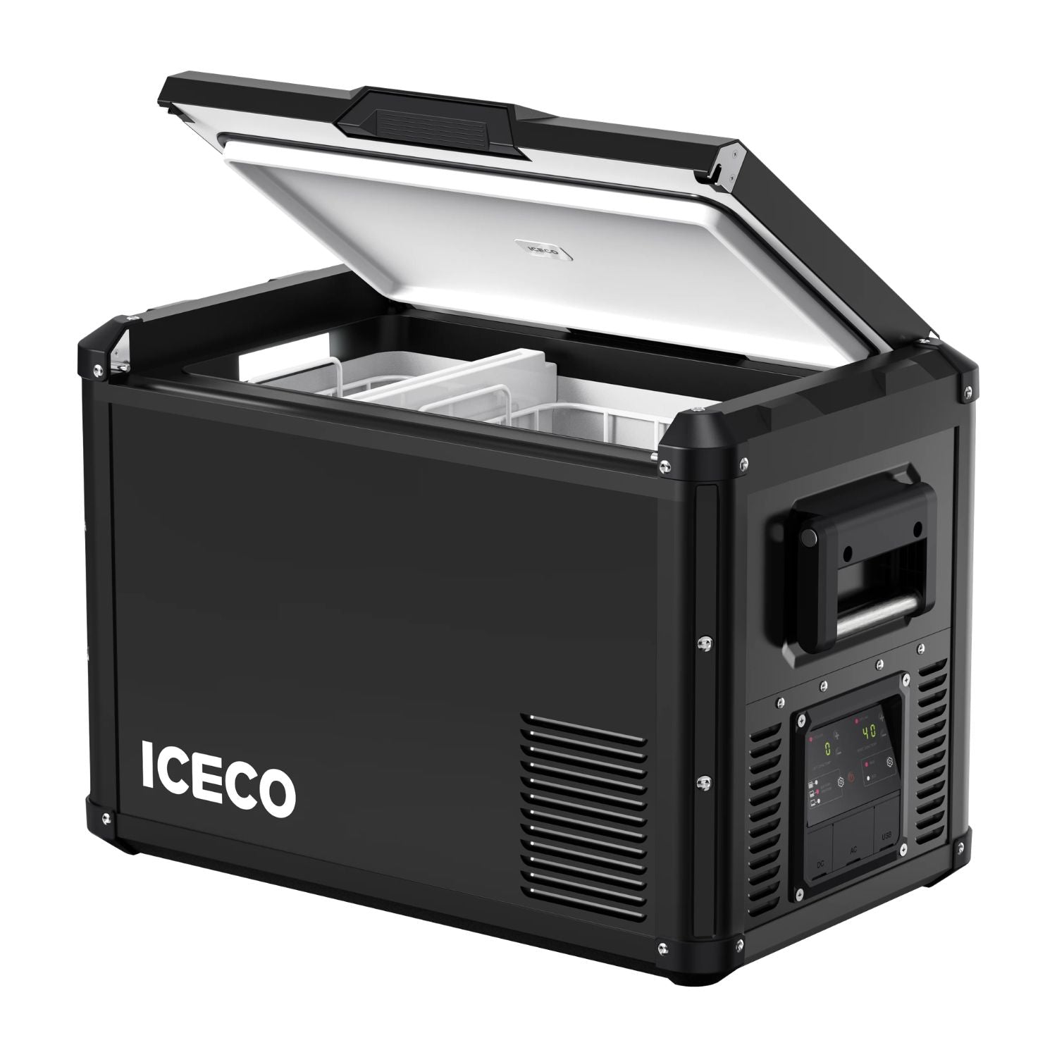 ICECO Black VL45ProD Dual Zone Portable Freezer With Lid Open Front View