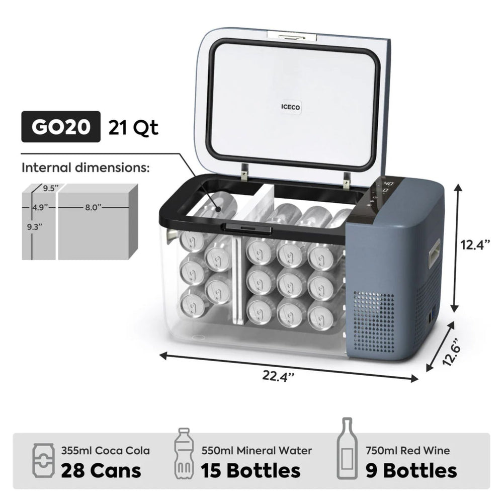 ICECO GO20 Dual Zone 12V Portable Freezer 20 LT Grey Internal Dimensions