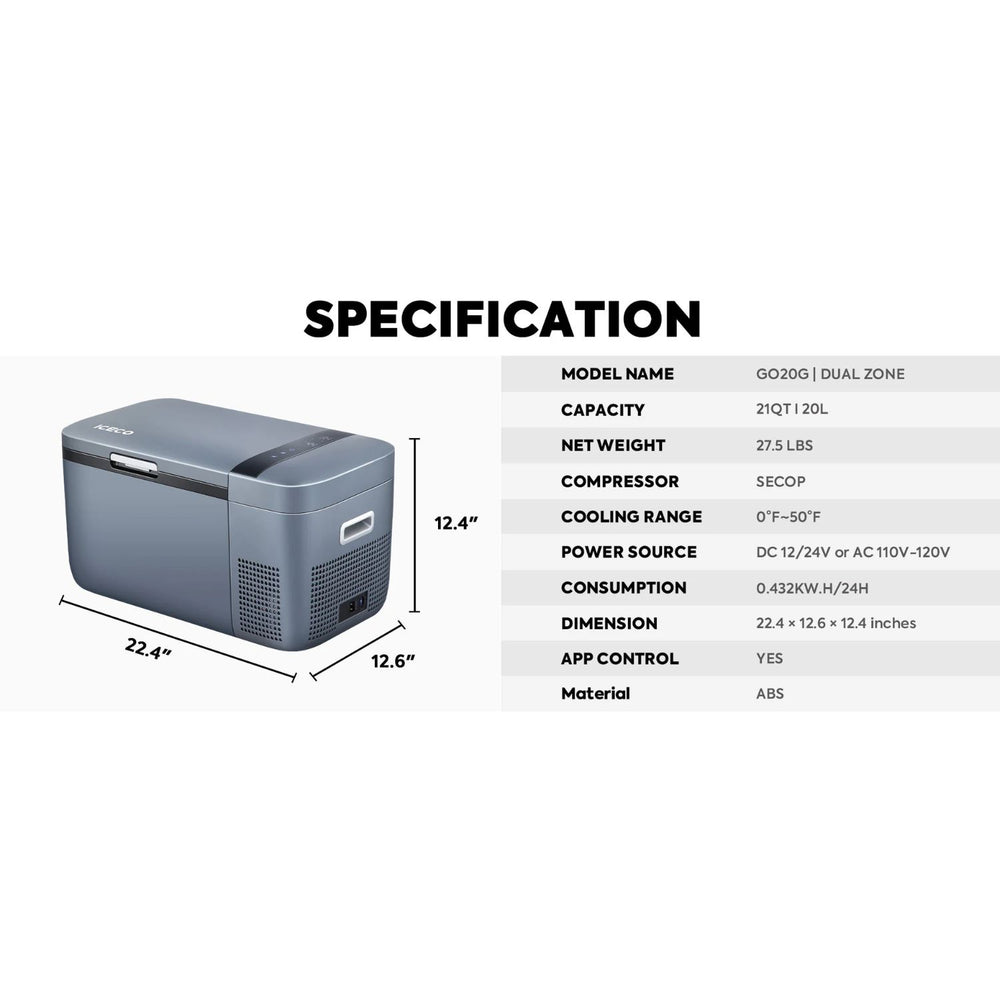 ICECO GO20 Dual Zone 12V Portable Freezer 20 LT Grey Secifications