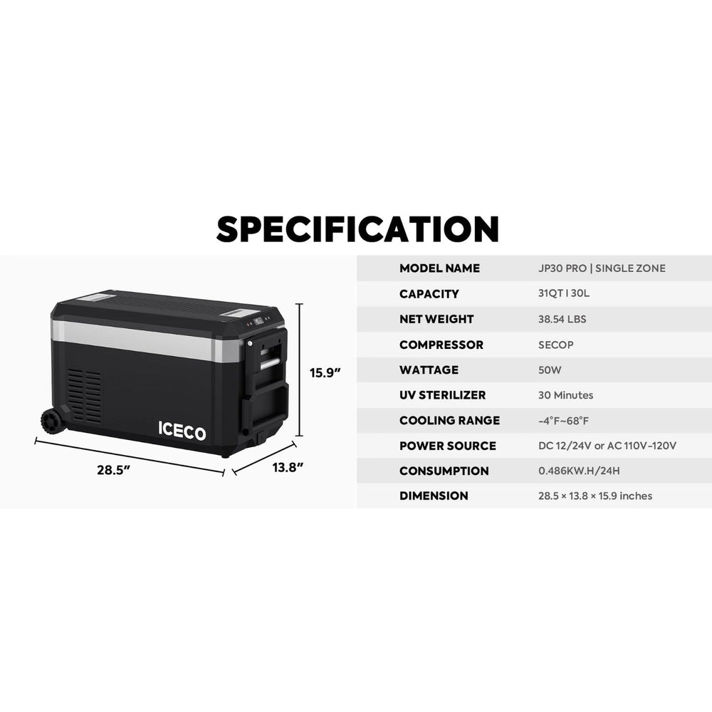 ICECO JP30 Pro Single Zone Wheeled Portable Freezer With Cover 30 LT Specifications