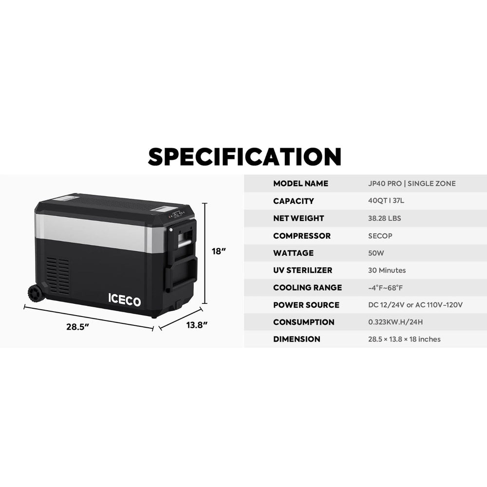 ICECO JP40 PRO Single Zone Portable Freezer specifications