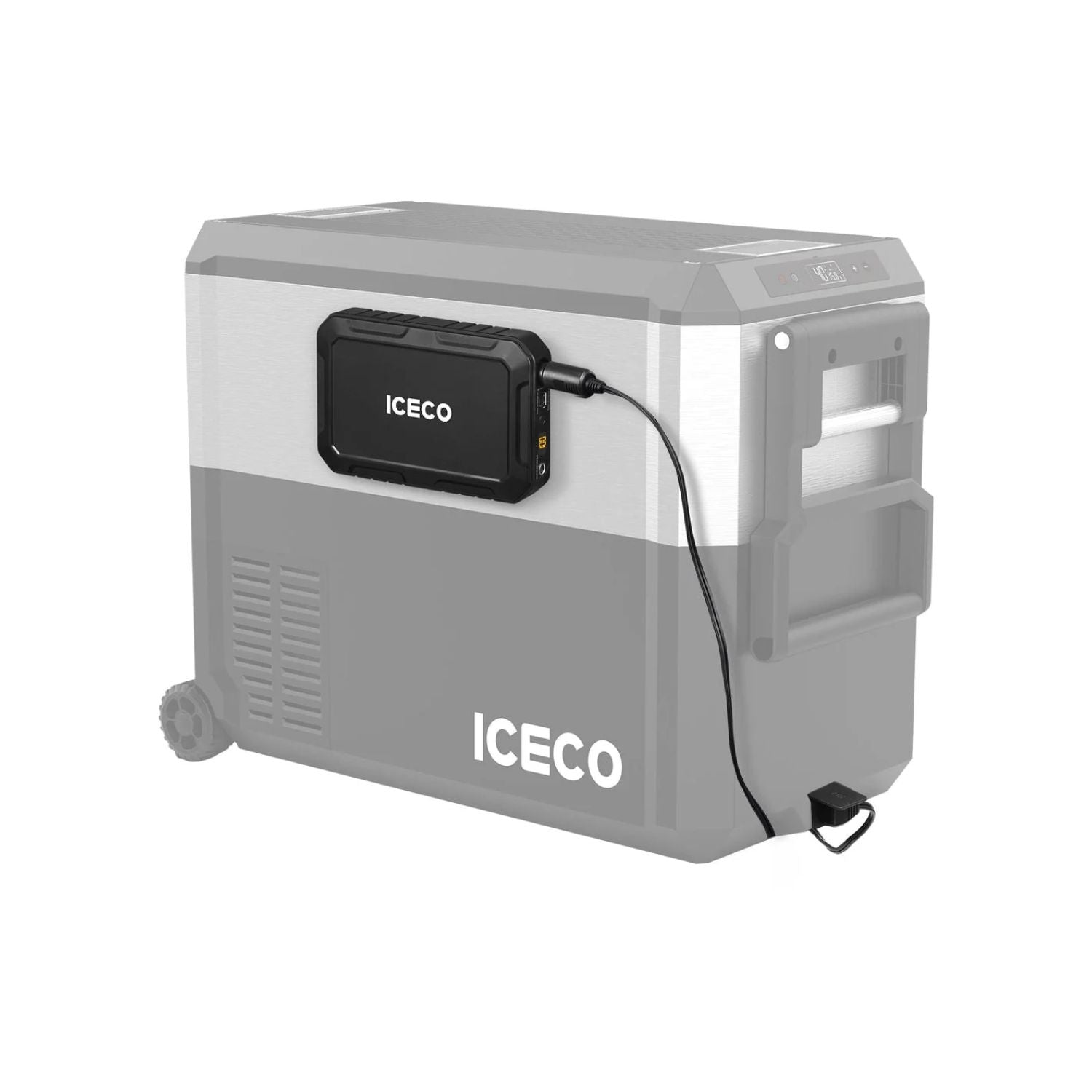 ICECO Magnetic Power Bank 250WH attached to the side of a cooler 