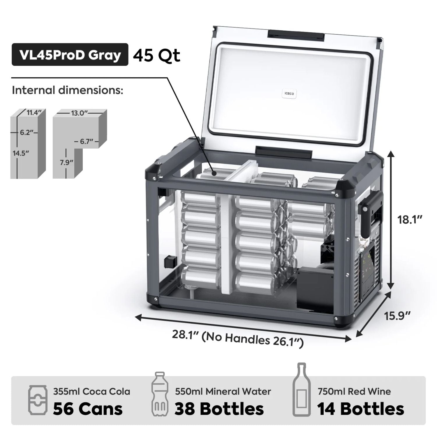 ICECO VL45ProD Dual Zone Portable Freezer internal dimensions