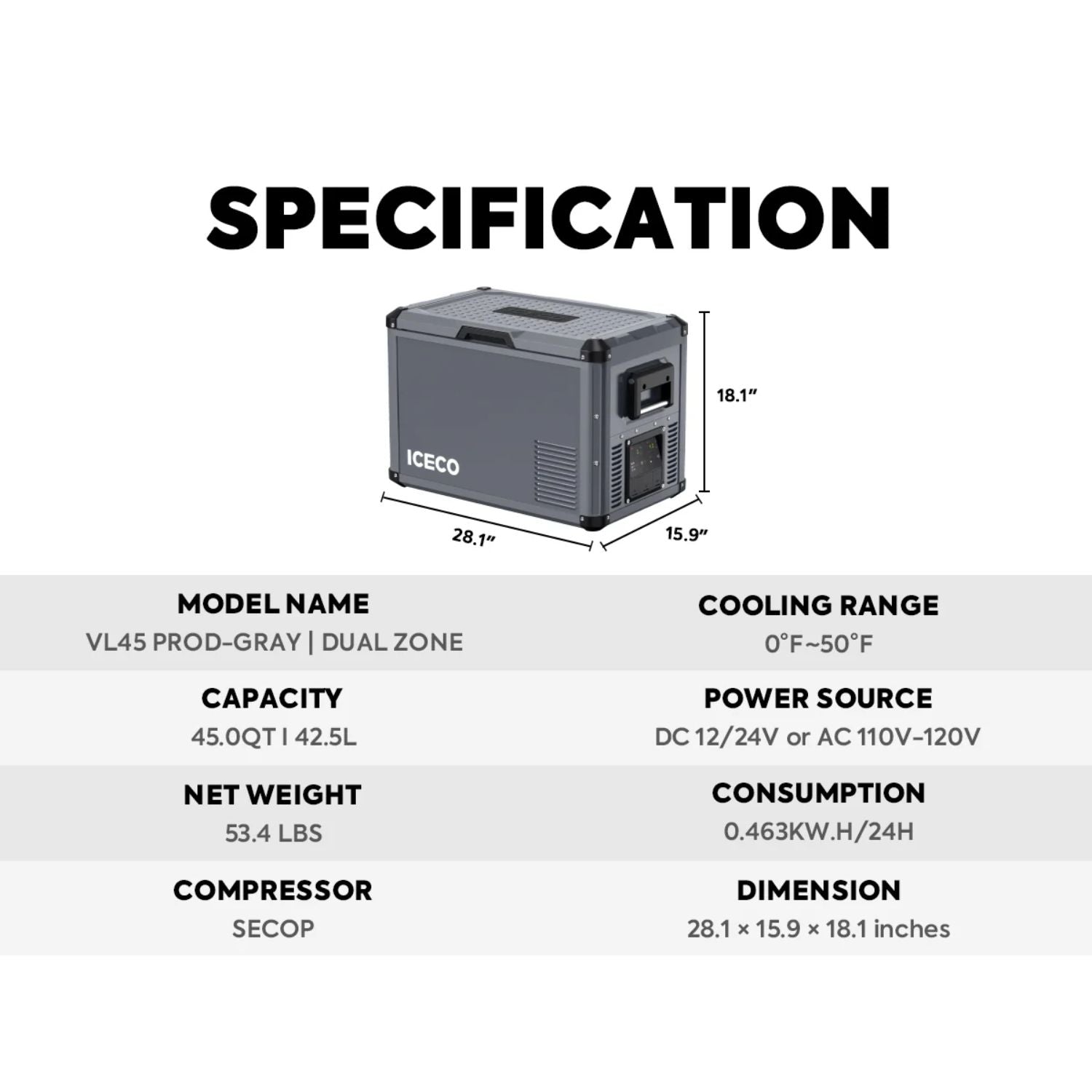 ICECO VL45ProD Dual Zone Portable Freezer specification