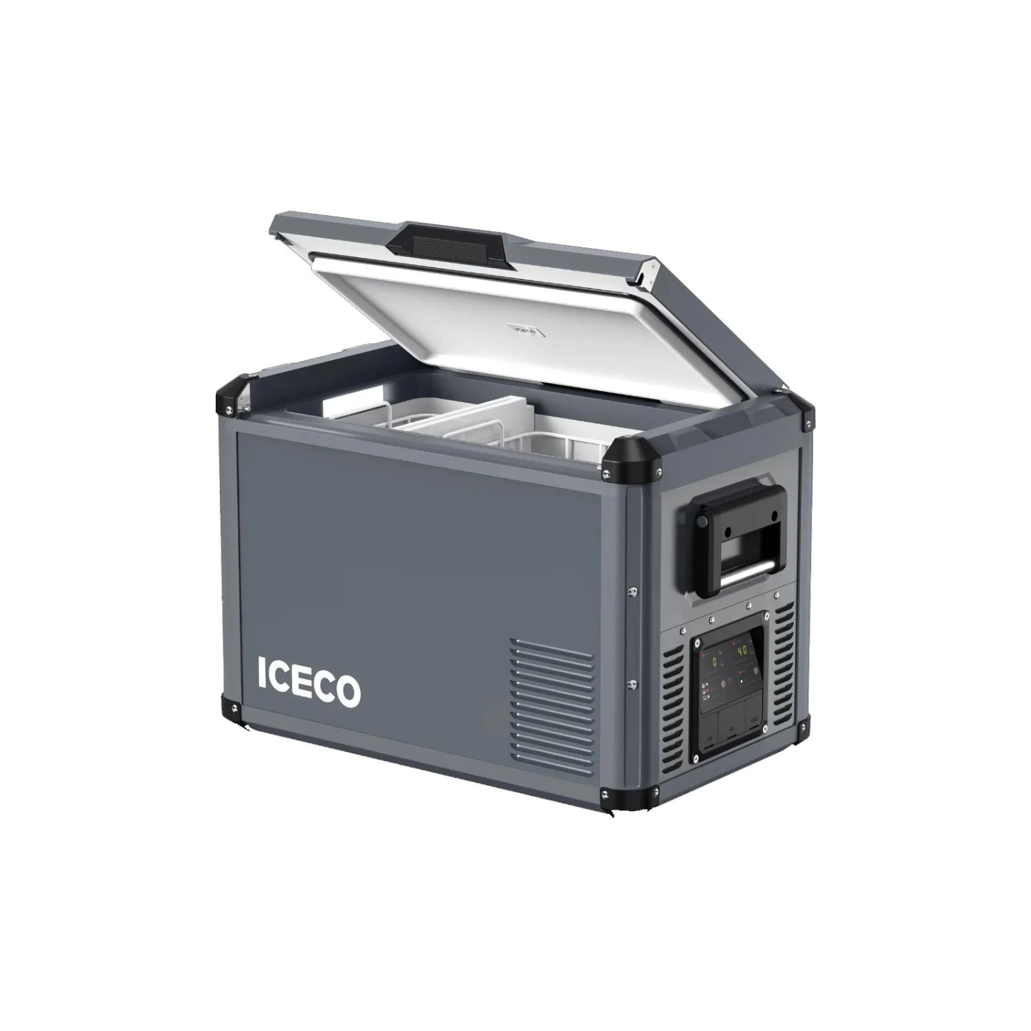 ICECO VL45ProS fridge in gray with lid open, showing interior