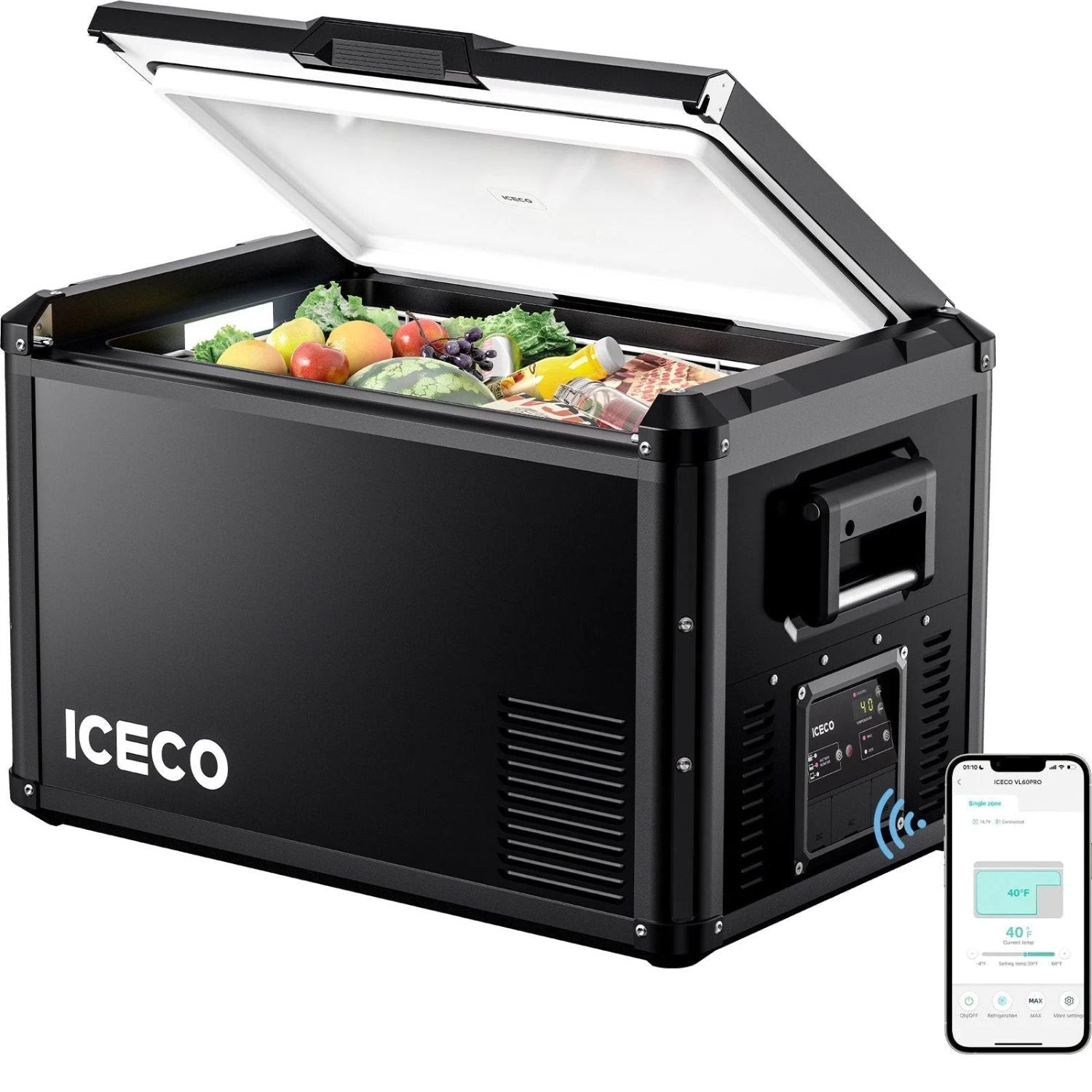 ICECO VL45ProS fridge with lid open, showing interior storage