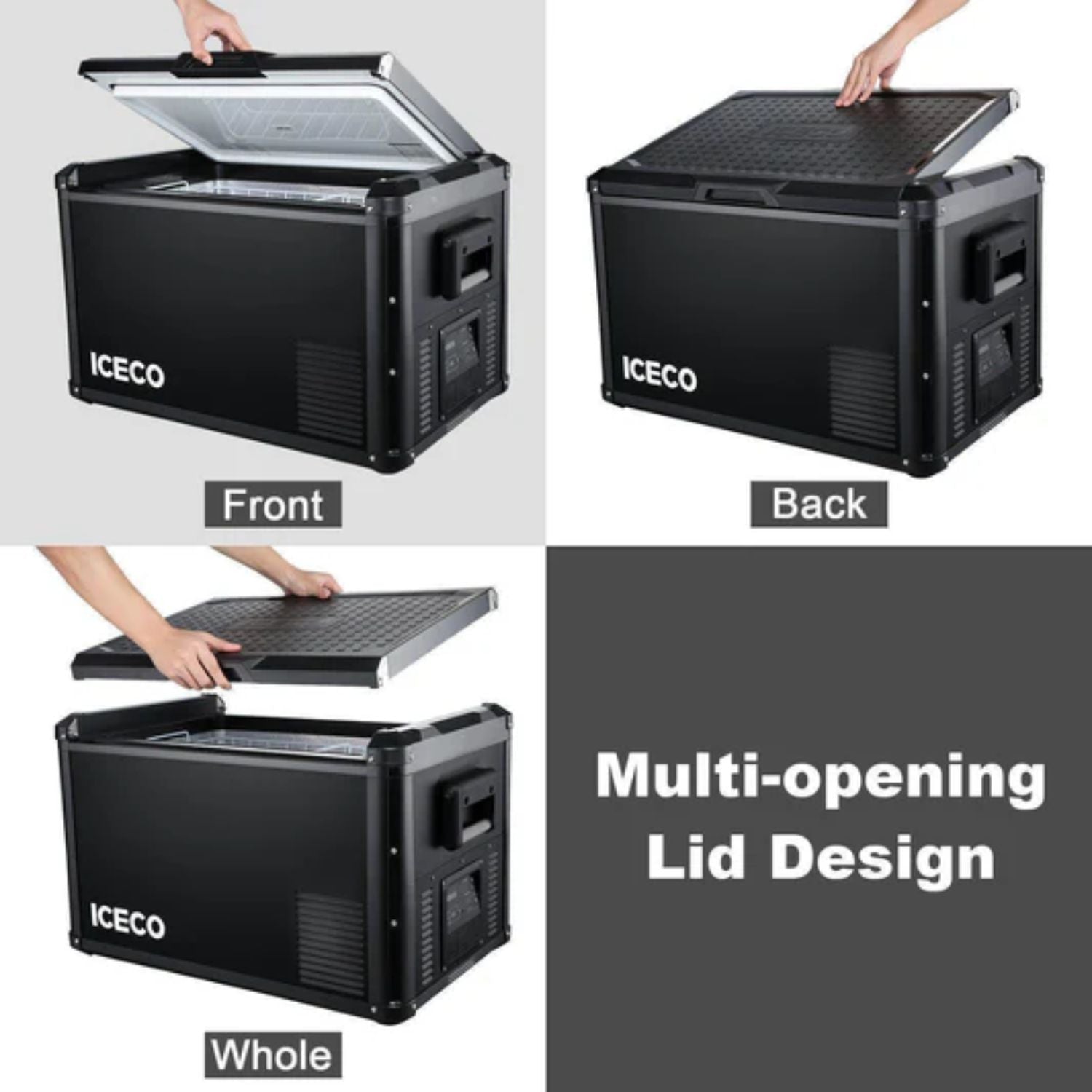 ICECO VL45ProS fridge with multi-opening lid design shown
