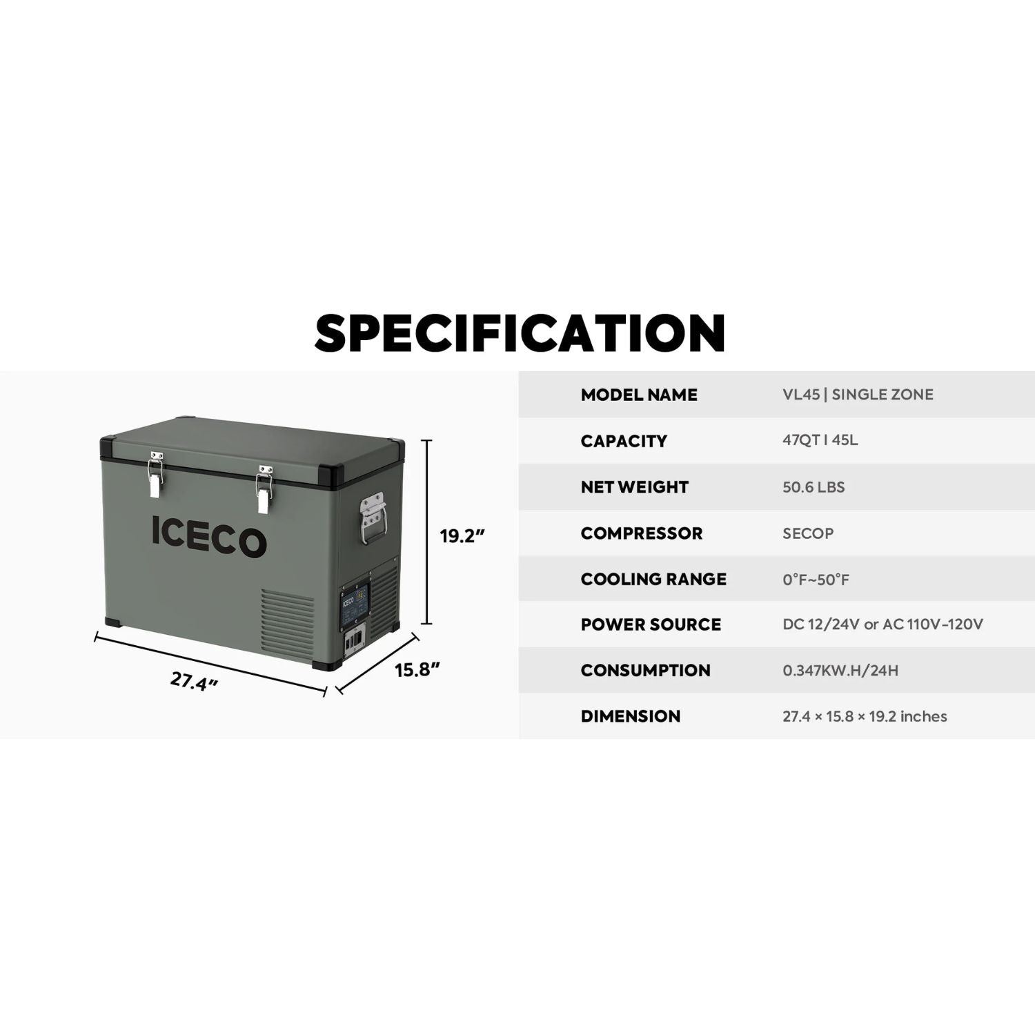 ICECO VL45 Portable Freezer Single Zone 45 LT Specification