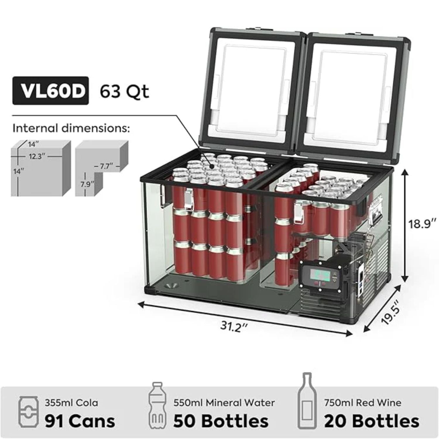 ICECO VL60 Dual Zone Metal Freezer with Cover 60LT internal dimensions