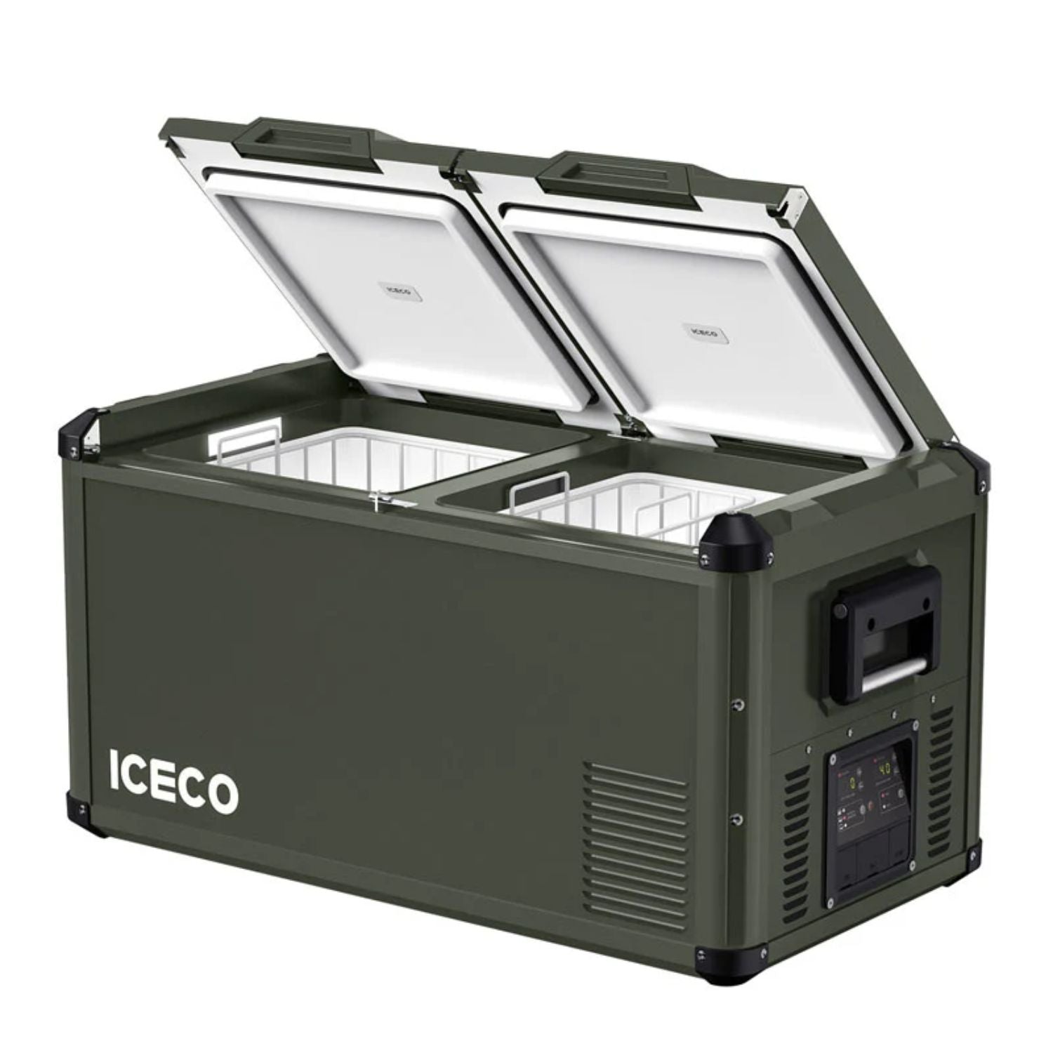 ICECO VL75ProD fridge in olive green with dual lids open