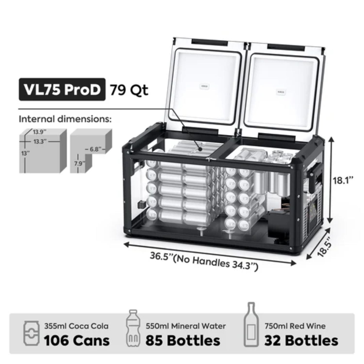 ICECO VL75ProD fridge showing dimensions and bottle capacity