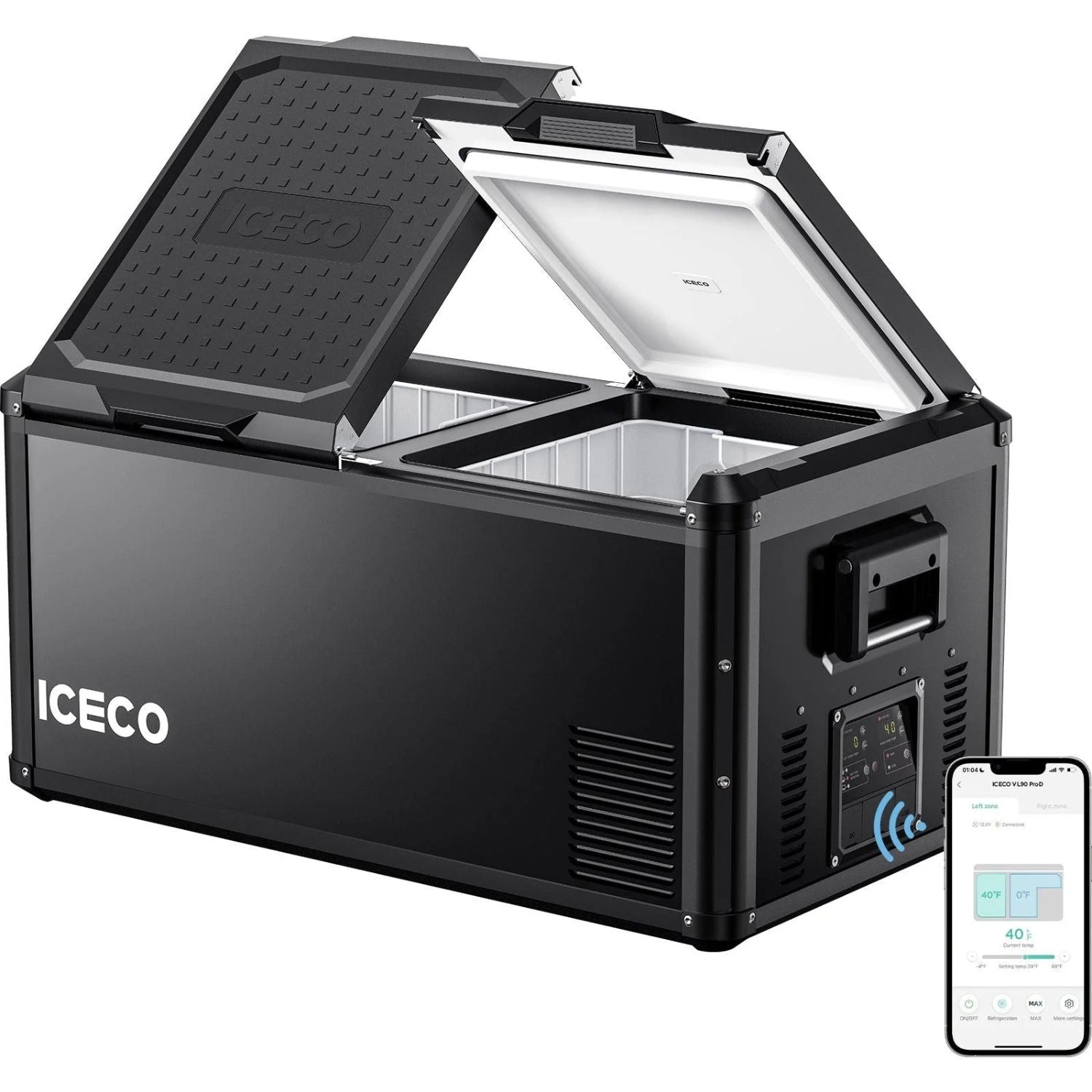 ICECO VL75ProD fridge with dual lid open in opposite directions