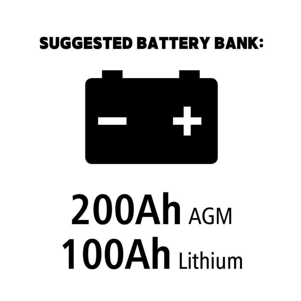 Illustration of a battery with text indicating suggested battery bank options on a white background