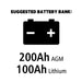 Illustration of a battery with text indicating suggested battery bank options on a white background