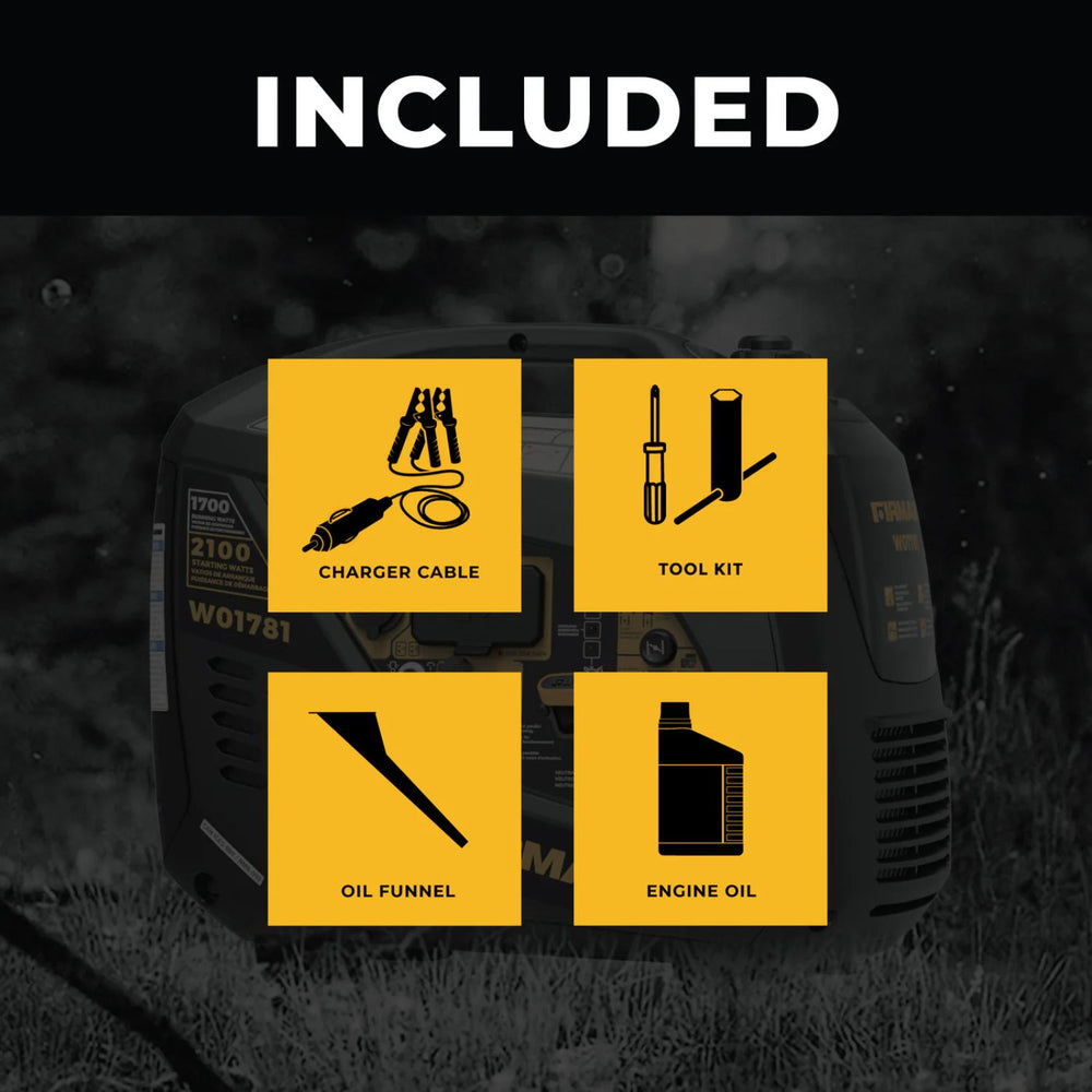 Included items on a product packaging for Firman W01781 Generator with icons for charger cable, tool kit, oil funnel, and engine oil.