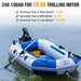 Inflatable boat with a trolling motor on a calm water background, featuring product specifications with ECO-WORTHY LiFePO4 24V 100Ah Lithium Iron Phosphate Battery