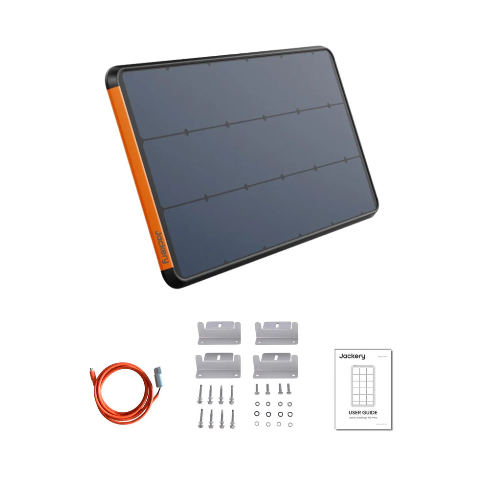Jackery 100W Prime Solar Panel with cable, brackets, screws, and user guide on a white background