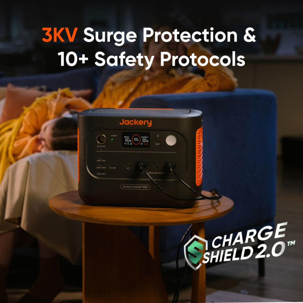 Jackery Explorer 1500 v2 Portable Power Station on a table with text about surge protection and safety protocols.