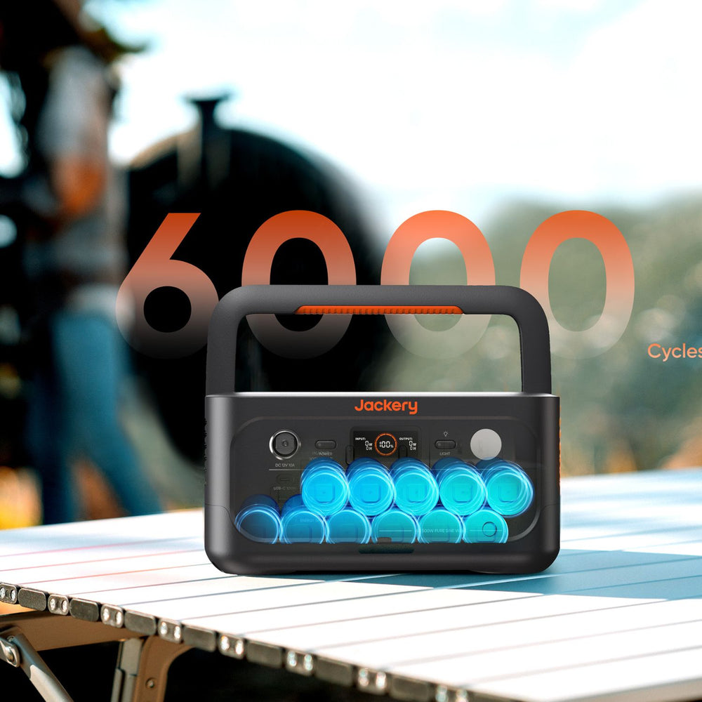 Jackery Explorer 600 v2 on a table with a blurred background showing '6000' cycles.