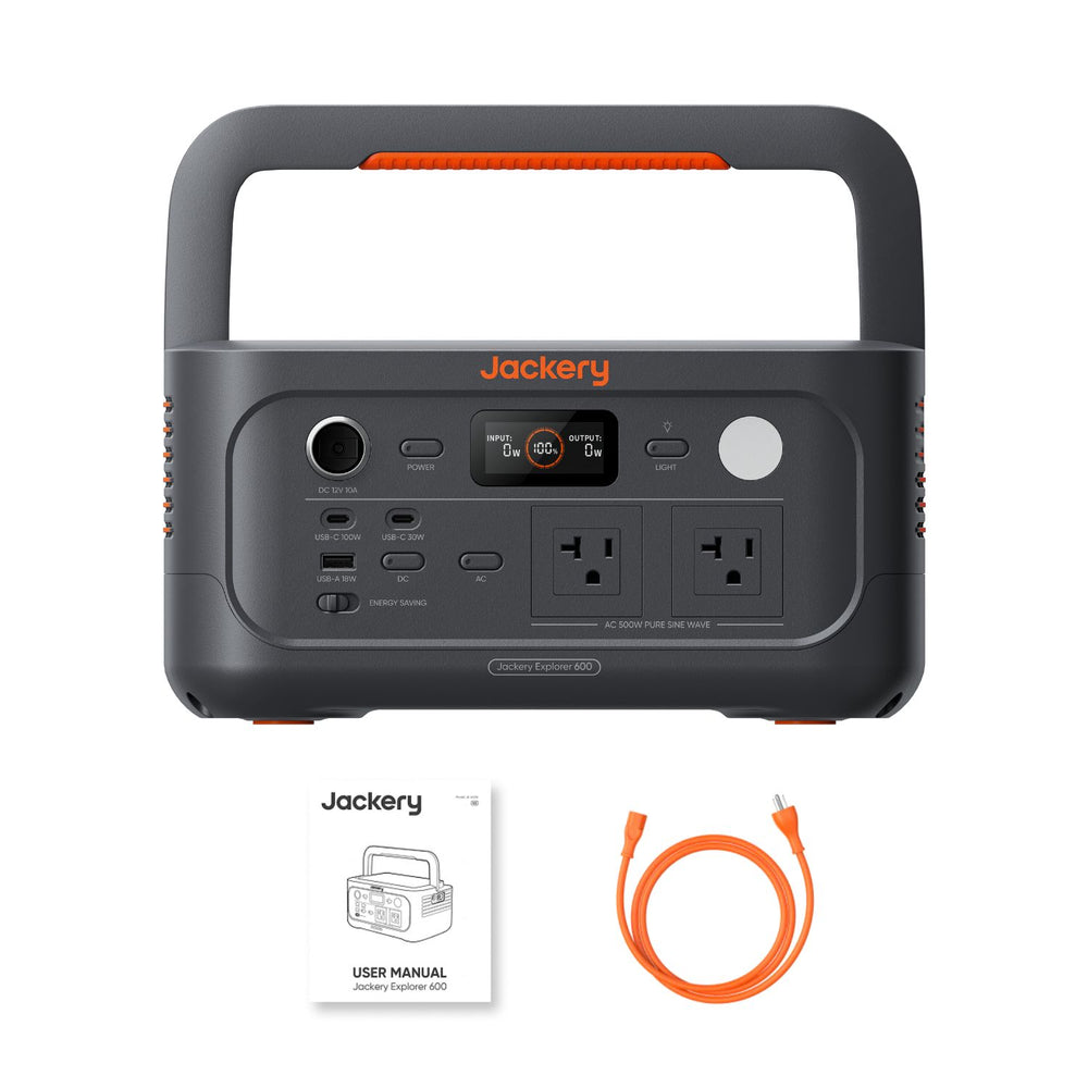 Jackery Explorer 600 v2 with accessories and manual on a white background