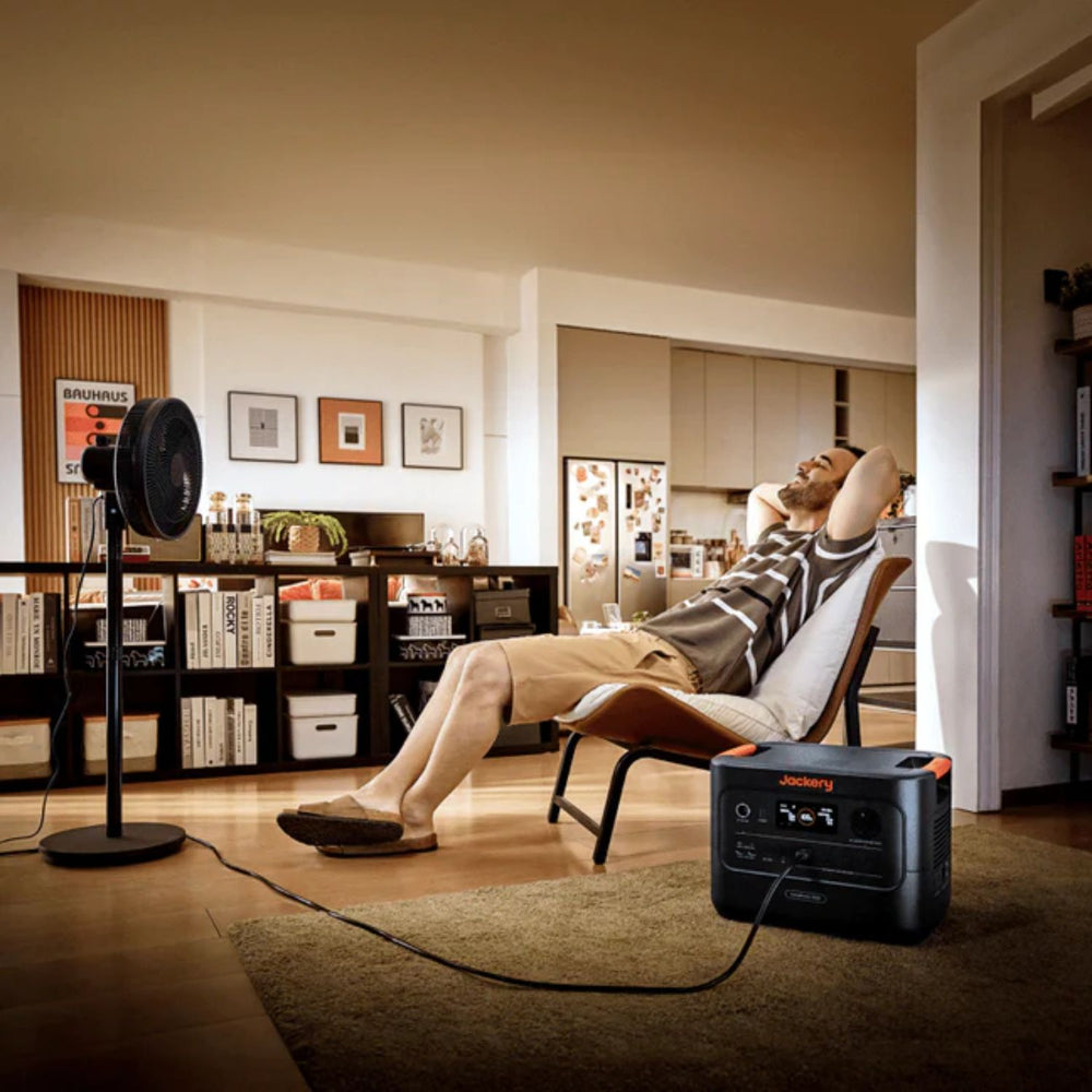 Jackery HomePower 3000 Portable Power Station connected to a fan
