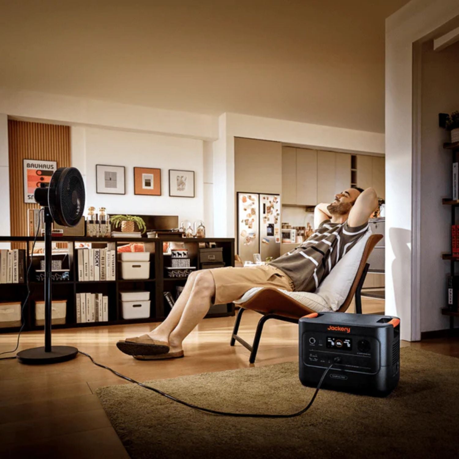 Jackery HomePower 3000 Portable Power Station connected to a fan