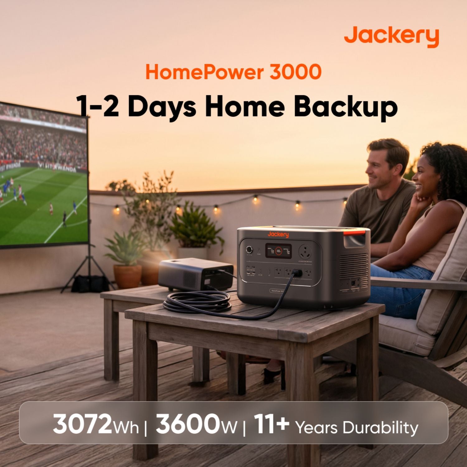 Jackery HomePower 3000 Portable Power Station connected to a projector