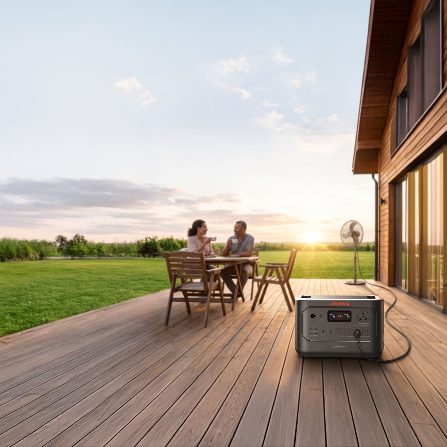 Jackery HomePower 3000 Portable Power Station connected to electric fan